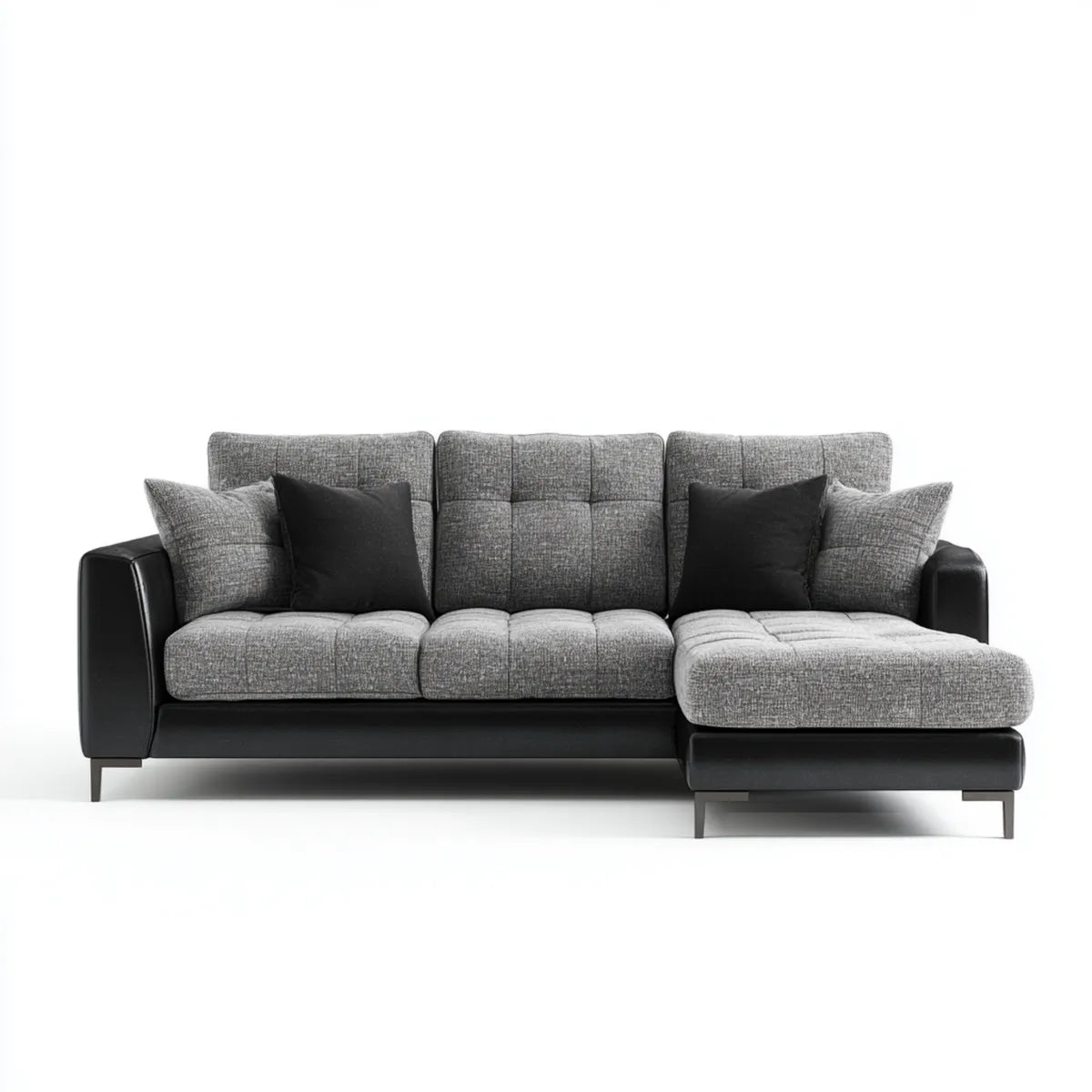 Sofa, 3 fotela w narożniku w kolorze czarnym i szarym, poliestrowa i skórzana, PU 260 x 160 x 88 cm