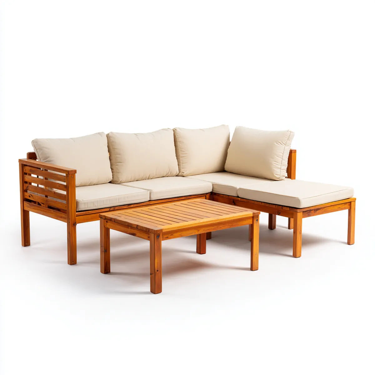 Sofa ogrodowa, Ogród Lounge Set Corner Sofa kształt litery L Acacia Drewno Brązowy krem 190 x 190 cm z stolikiem do kawy 110 x 60 cm