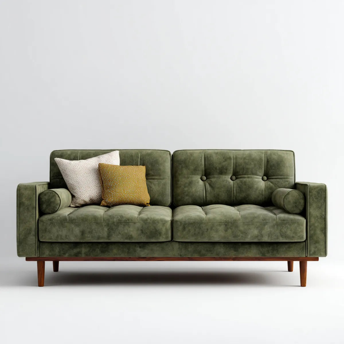 Sofa, 3 fotela oliwkowa w poliestrowym aksamicie o kształcie prostym 210 x 86 x 85 cm