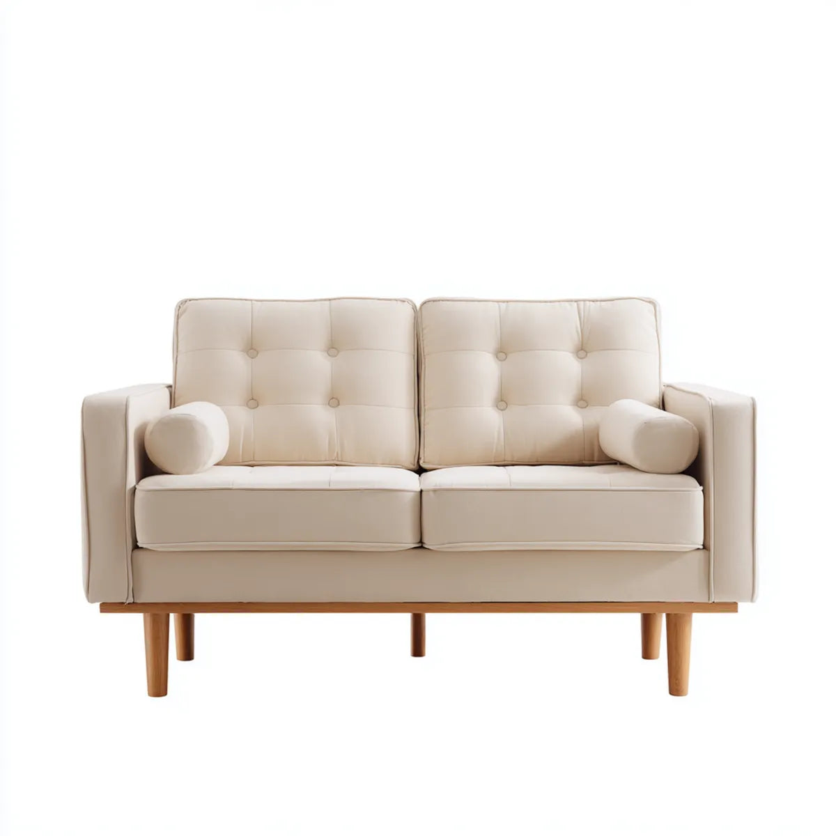 Sofa, 2-osobowa kanapa krem 140 x 80 x 85 cm tapicerka poliestrowa z litych nóg z drewna