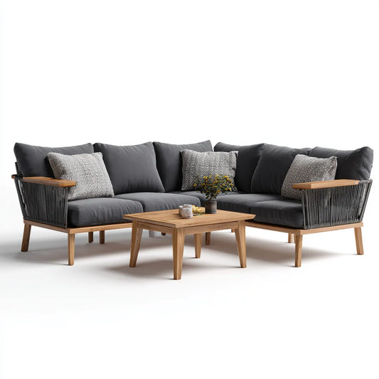 Sofa ogrodowa, 3-częściowe tarasy Lounge zestaw szary w akacji drewna z PP- kabel warkocz kształt litery L sofy 168 x 75 x 75 cm i stół 100 x 60 x 45 cm
