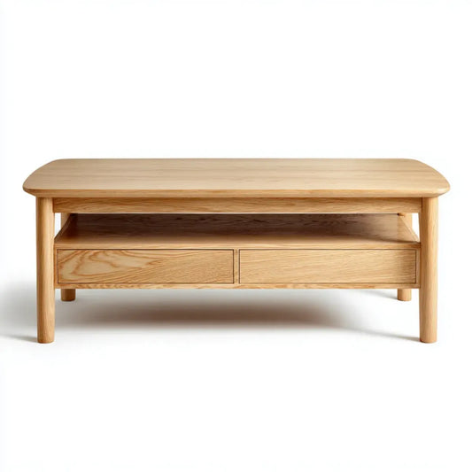 Stolik kawowy Dębowy przyroda 110 x 55 x 45 cm lite drewno prostokątne z 2 szufladami i schowkiem