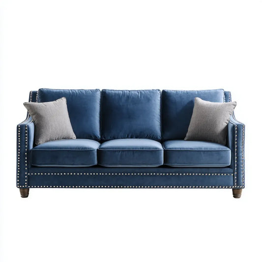 Sofa, Niebieski 3-osobowa sofa w poliestrowym aksamicie z poduszkami i dekoracyjnymi paznokciami 210 x 90 x 90 cm