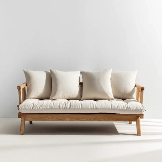 Sofa, Beżowa 3 fotela sofa 210 x 82 x 78 cm ramka poliestrowa z litego dębu prostokątnego