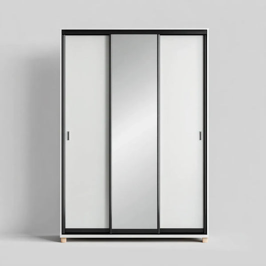 Szafa 3-drzwiowa przesuwne białe i czarne z lustrem 150 x 60 x 200 cm w prostokątnym kształcie płyty truciolar melaminy