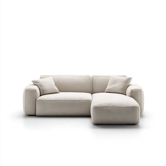 Sofa, Kanapa narożna Beżowa 250 x 160 cm, poliestrowy sznurek kształt litery L z rekamierem w prawo