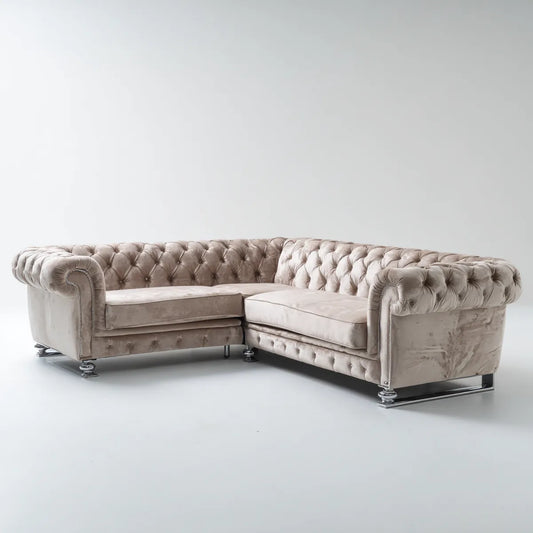Sofa, Chesterfield Ecksofa Beżżowa 270 x 180 cm aksamit z poliestru kształt litery L