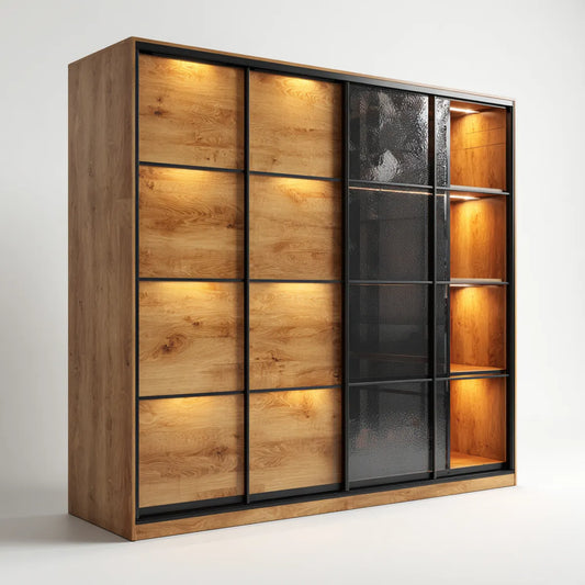 Szafa z drzwiami przesuwanymi dębu i czarny 240 x 60 x 220 cm w MDF hartowane szkło i prostokątna stal